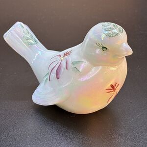 Fenton Art Glass Song Bird Iridescent Hand Painted Floral White Signed Fritz